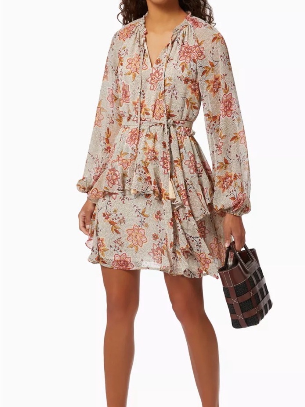 MINKPINK Cream Floral Tie-Waist Long-Sleeve Mini Dress size S